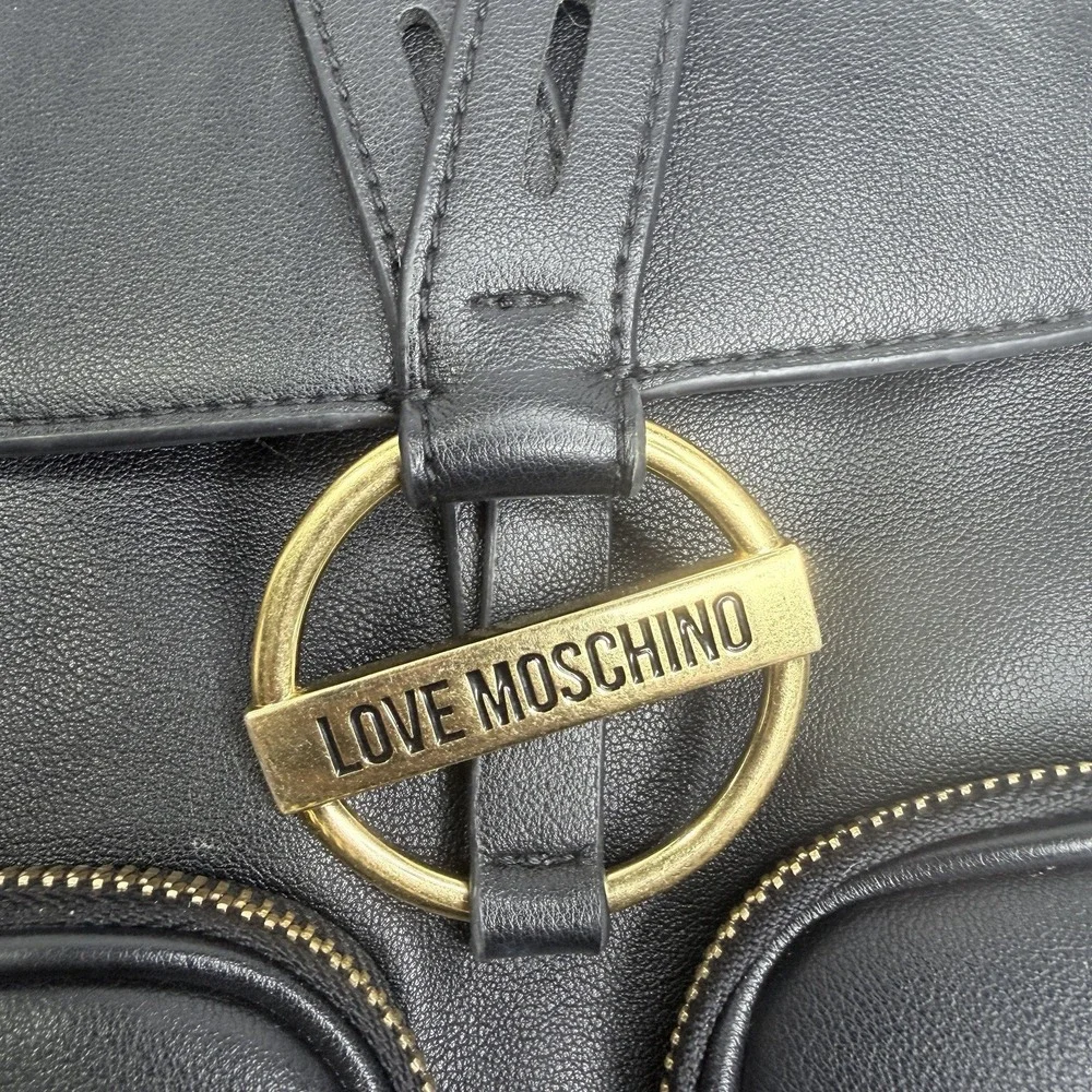Love Moschino Black Faux Leather Backpack Gold Logo Front Pocket Bag